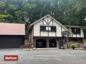 Before Remodel White and brown house with garage before remodel