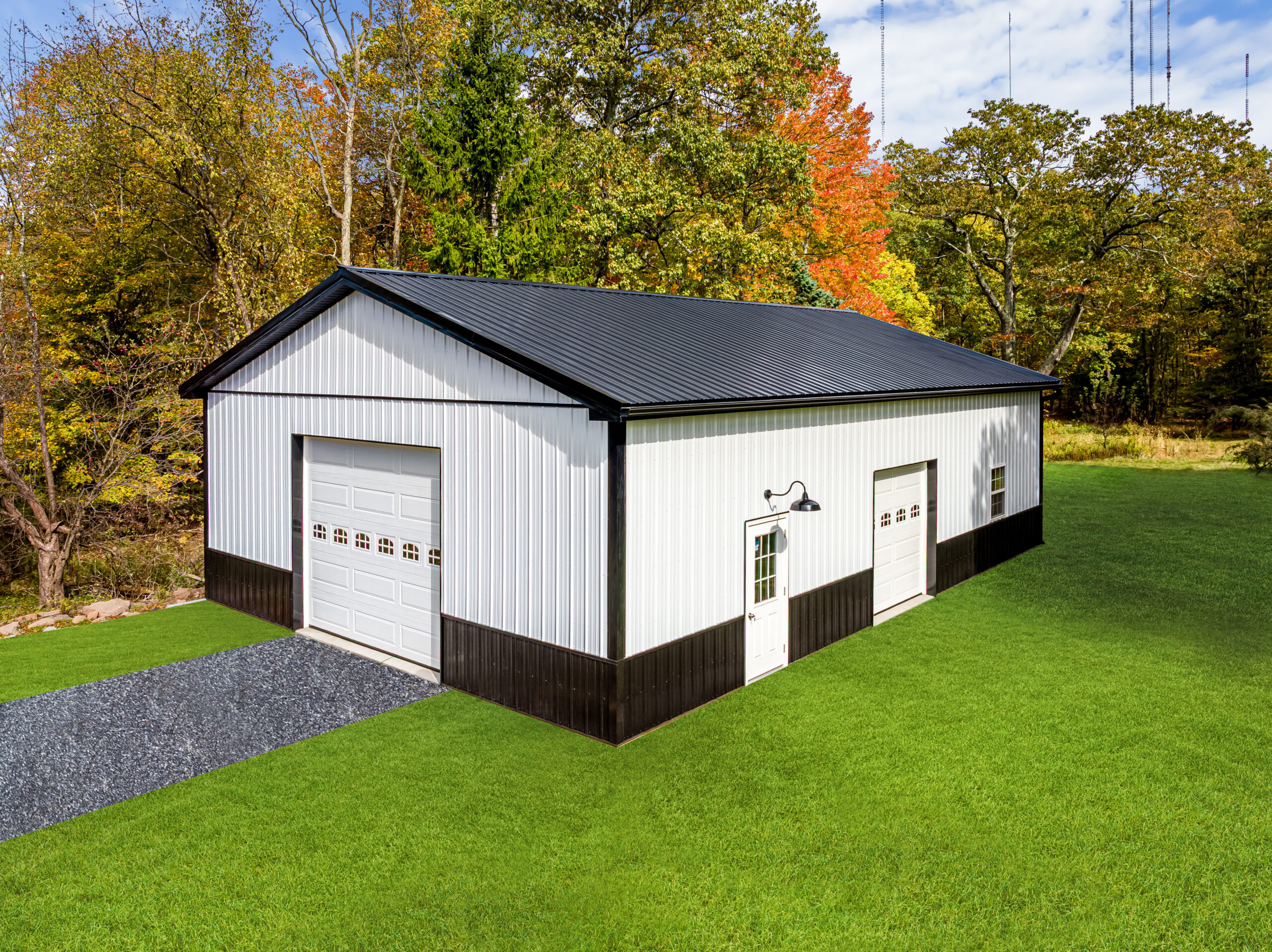 custom garage with white and black siding